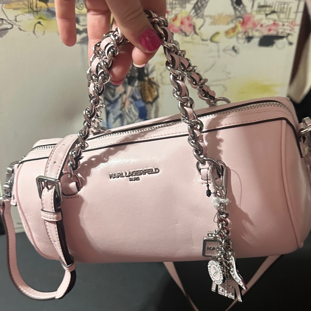 Karl Lagerfeld Light Pink tote and Crossbody Bag with Silver Chain